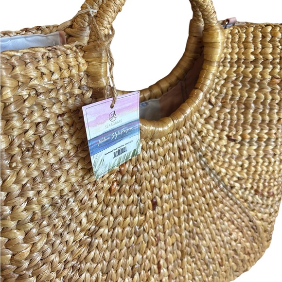 Sea & Grass Woven Basket Tote Bag Cotton Lining removable Leather crossbody - Picture 7 of 12